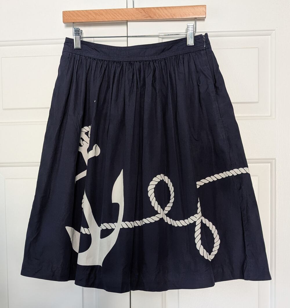 J. Crew Navy and White Nautical Anchor Pleated Skirt